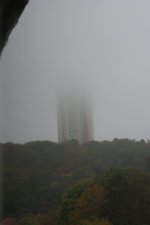 La tour des Aulnes dans le brouillard